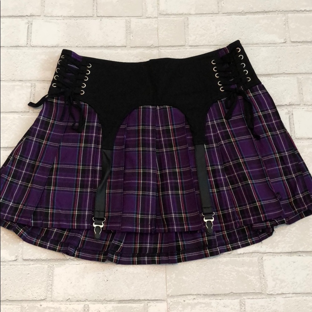 Purple plaid skirt with garter straps